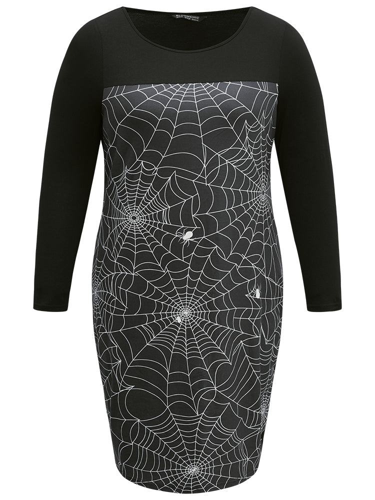Halloween Spider Web Patchwork Crew Neck Dress