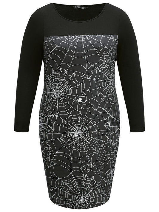 Halloween Spider Web Patchwork Crew Neck Dress