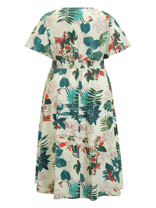Tropical Print Pocket Asymmetrical Shirred Wrap Ruffle Hem Dress