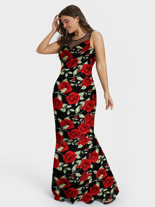 Floral Contrast Mesh Bodycon Dress