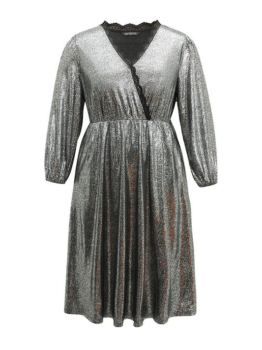 Glitter Contrast Lace Wrap Elastic Waist Dress