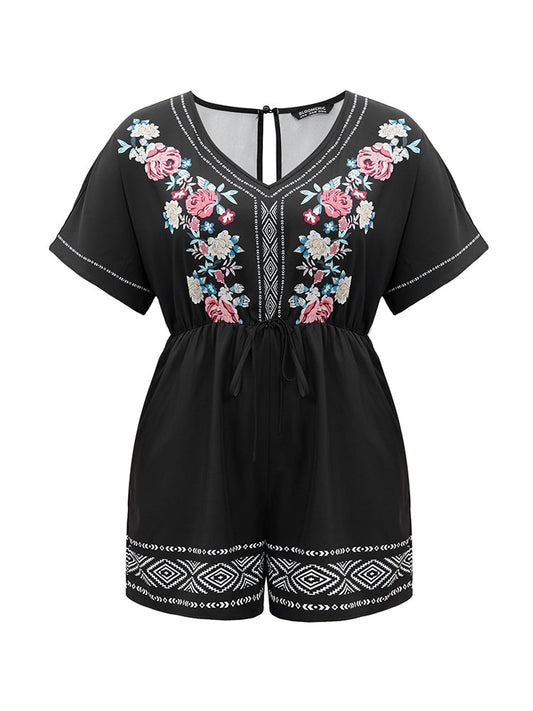 Boho Print Pocket Drawstring Dolman Sleeve Romper