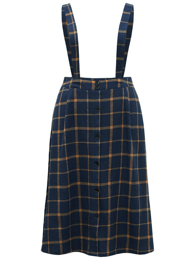 Plaid Button Detail Pocket Suspender Skirt