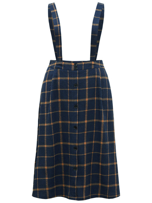 Plaid Button Detail Pocket Suspender Skirt
