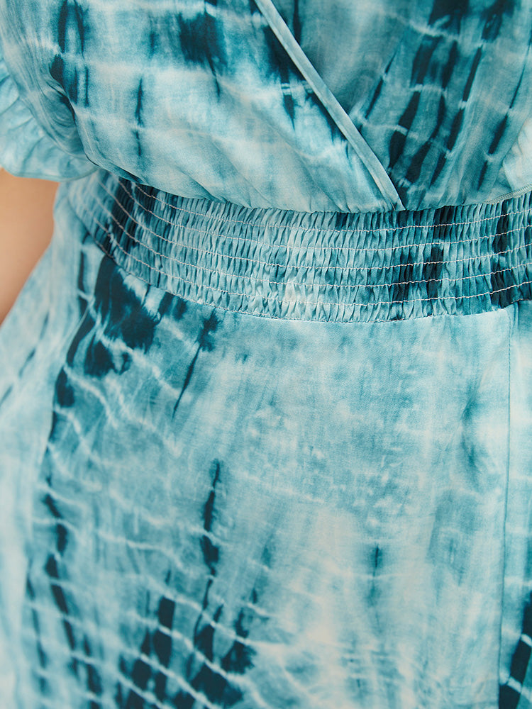 Tie Dye Ruffle Trim Wrap Pocket Shirred Split Hem Dress