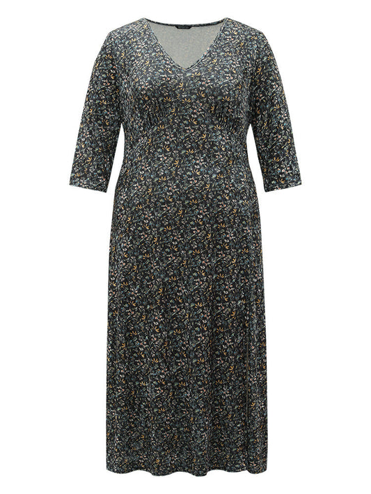 Velvet V Neck Ditsy Floral Split Hem Dress