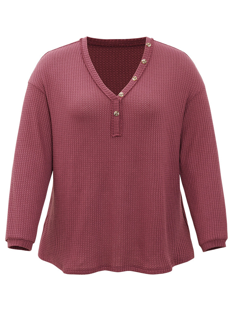 Waffle Knit Button Detail V Neck T-shirt