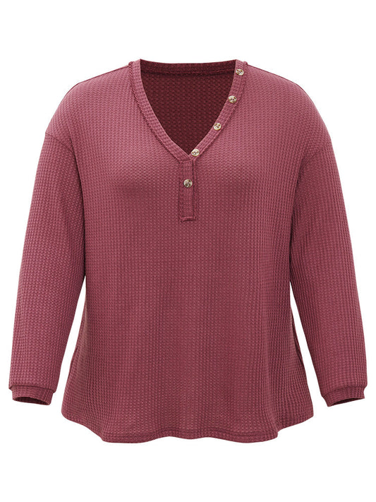 Waffle Knit Button Detail V Neck T-shirt