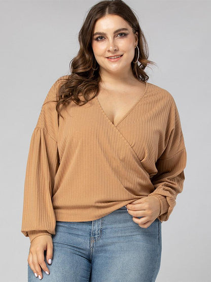 Rib-Knit Wrap Solid Color Casual Top