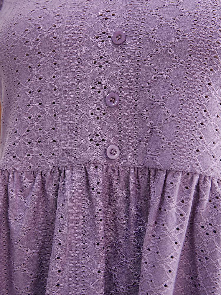 Solid Cap Sleeve Broderie Anglaise Button Detail Ruffle T-shirt