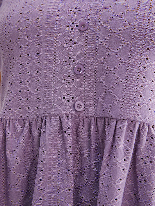 Solid Cap Sleeve Broderie Anglaise Button Detail Ruffle T-shirt