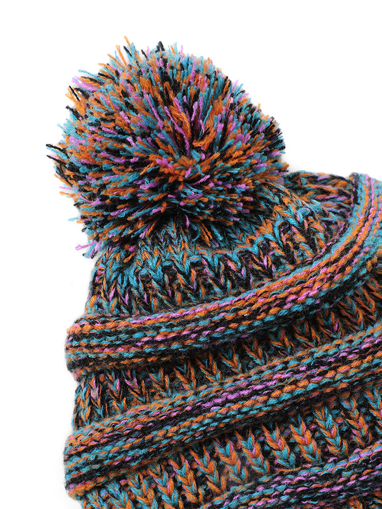 Colored Contrast Fluffy Ball Detail Knitted Hat
