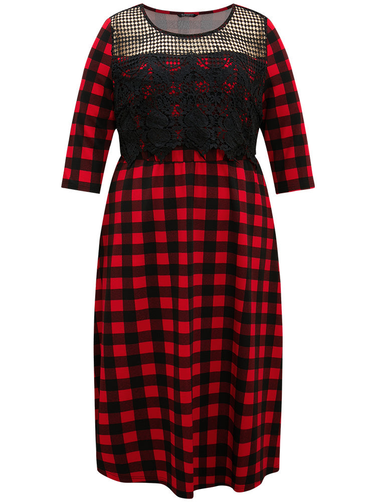 Christmas Plaid Crochet Lace Mesh Cut Out Dress