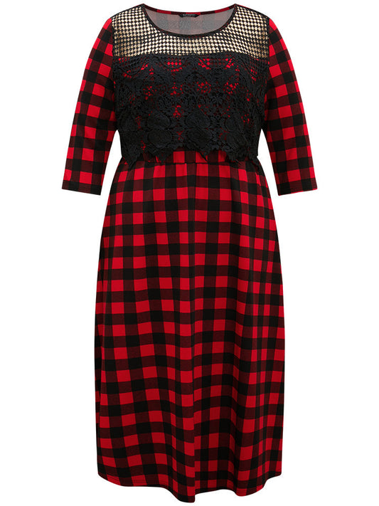Christmas Plaid Crochet Lace Mesh Cut Out Dress