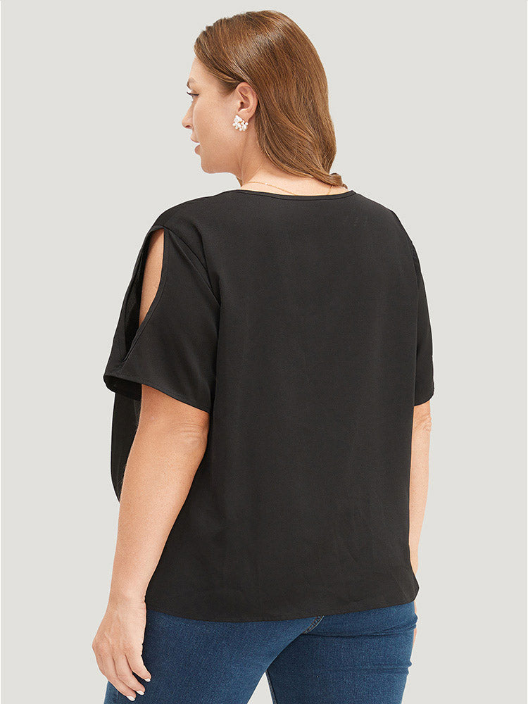 Plain V Neck Cut Out Crossover Hem Blouse