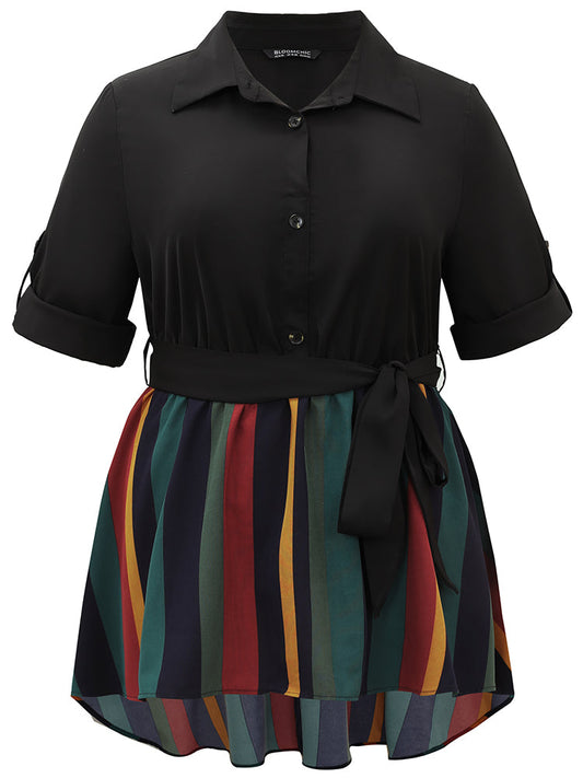 Colour Striped Patchwork Belted Tab Sleeve Blouse