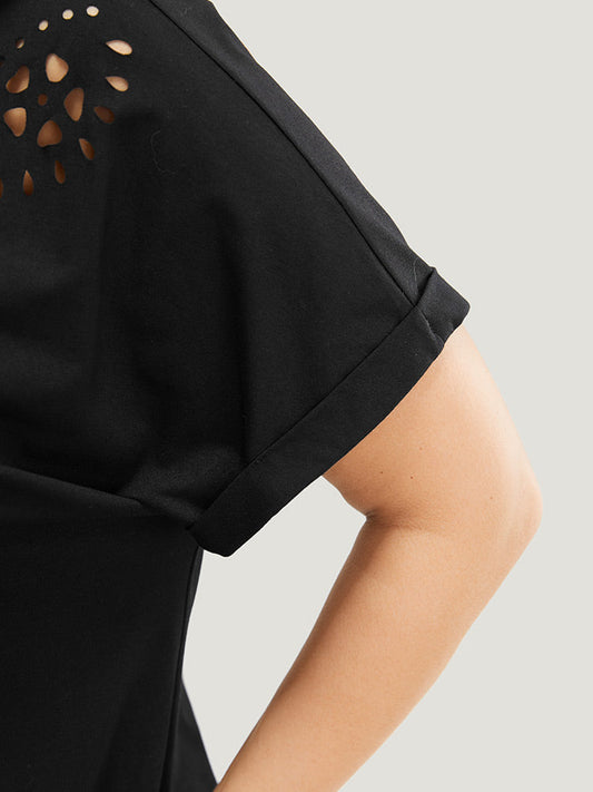 Solid Roll Batwing Sleeve Laser Cut T-shirt