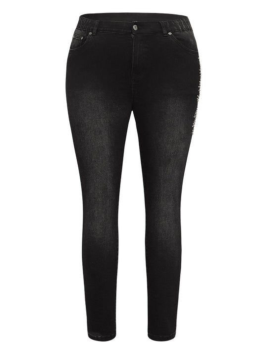 Beaded Detail Pocket Very Stretchy Black Wash Jeans