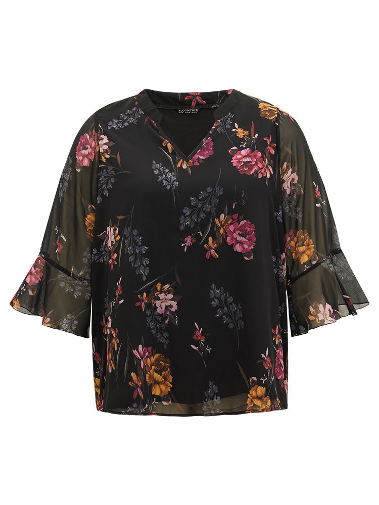 Floral Mesh Ruffle Sleeve Blouse