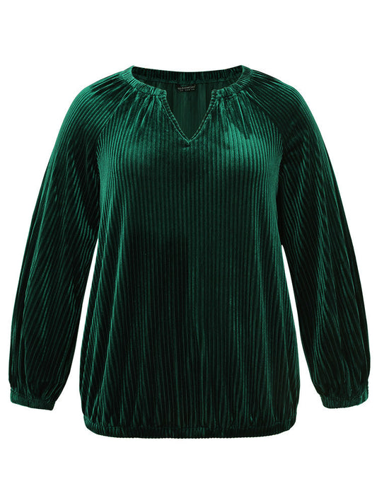 Velvet Notched Raglan Sleeve Gathered T-shirt