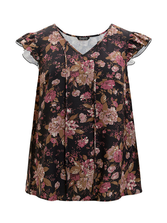 Floral Print Tie Neck Flutter Trim Tank Top