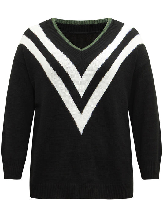 Striped Contrast Trim  Long Sleeve Pullover