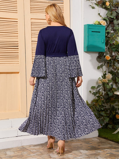 Ditsy Floral Belted Pleated Hem Dress