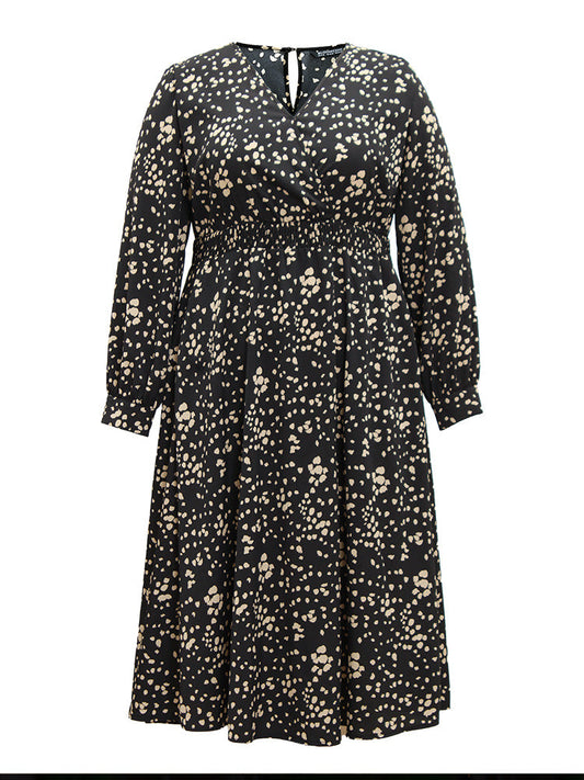 Graphic Two Tone Shirred Surplice Neck Dress