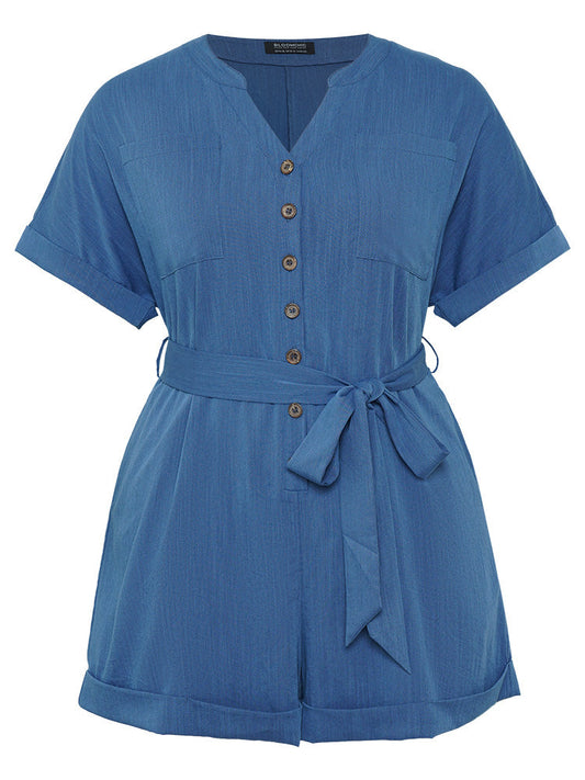 Anti-Wrinkle Solid Patched Pocket Notched Button Up Belt Romper
