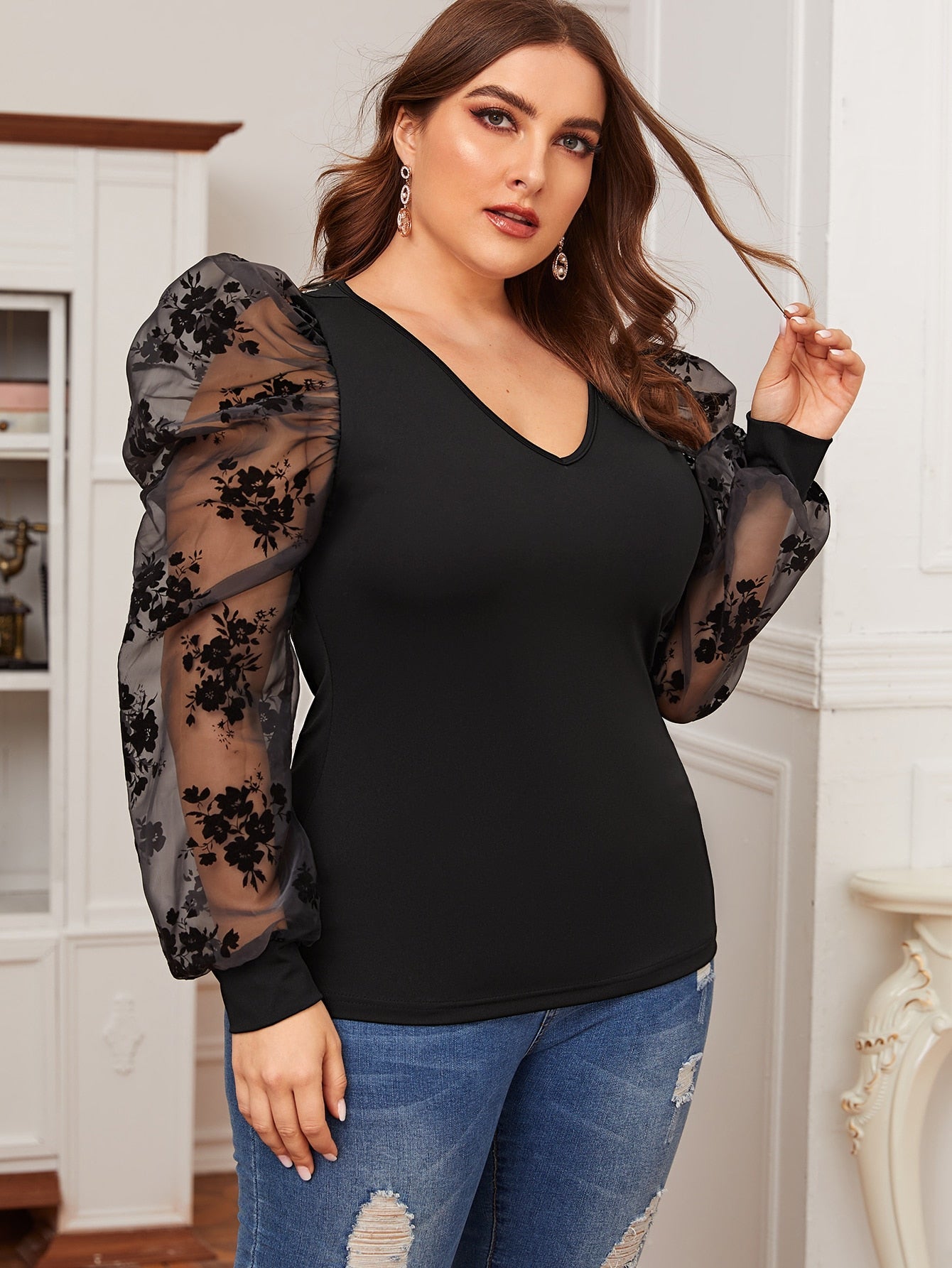 Flocked Mesh Gigot Sleeve Form Fitted Top