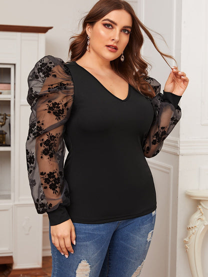Flocked Mesh Gigot Sleeve Form Fitted Top