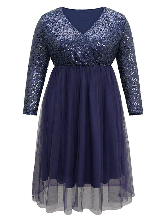 Sequin Patchwork Mesh Overlap Collar Dress