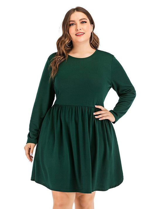 Pleated Round Neck Solid Color Dress