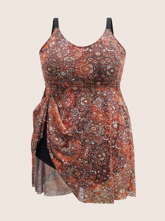 Bandana Print Adjustable Straps Mesh Swim Dress