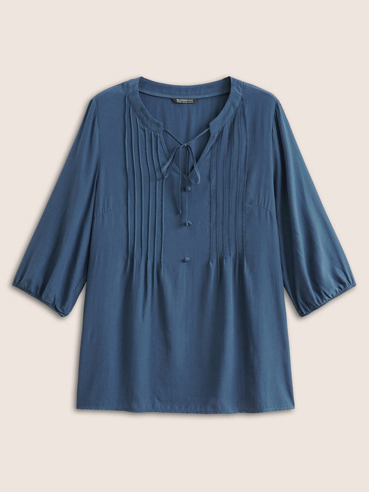 Plain Pleated Knot Neck Lantern Sleeve Blouse