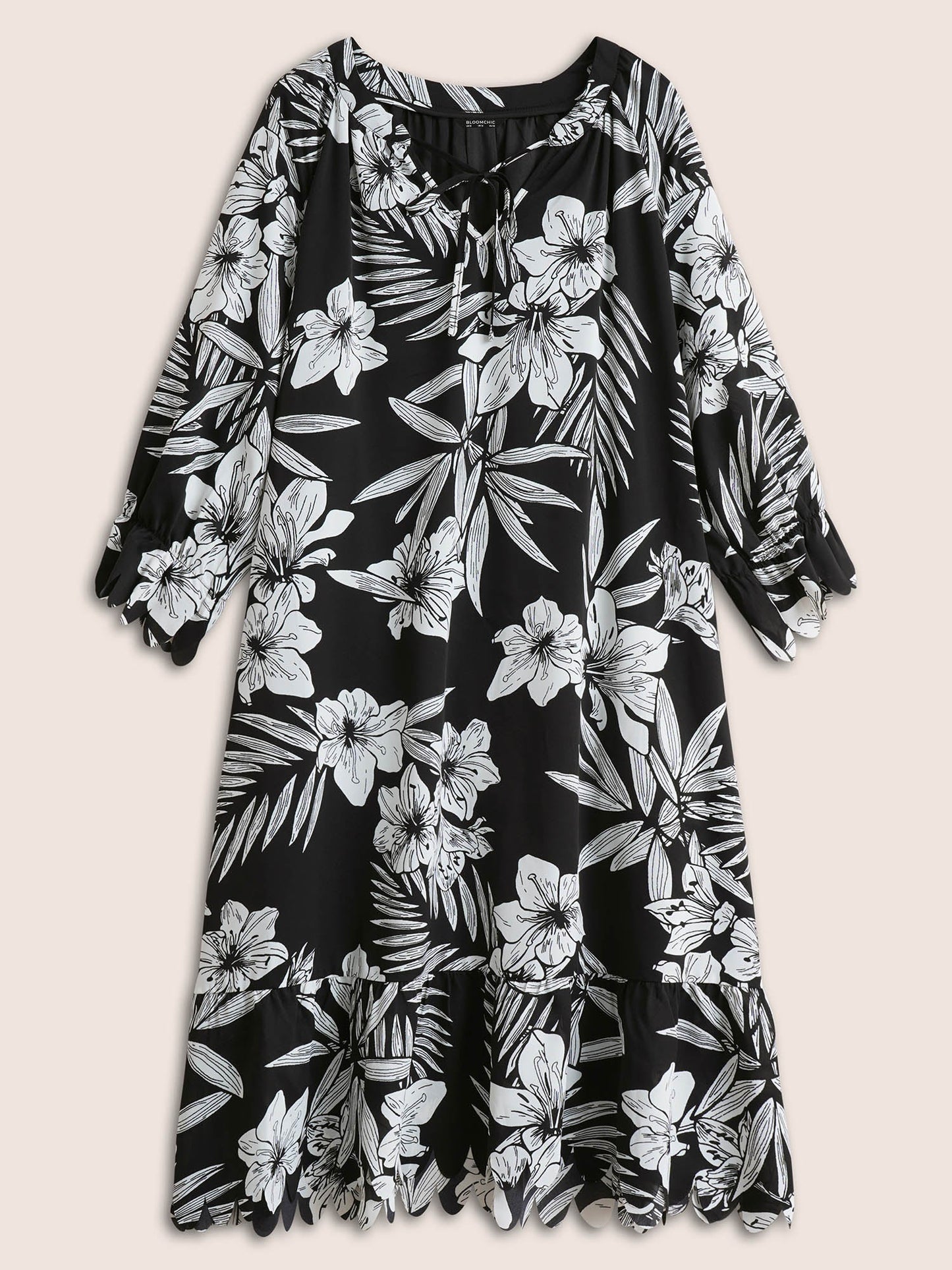 Floral Print Tie Neck Scalloped Trim Dress
