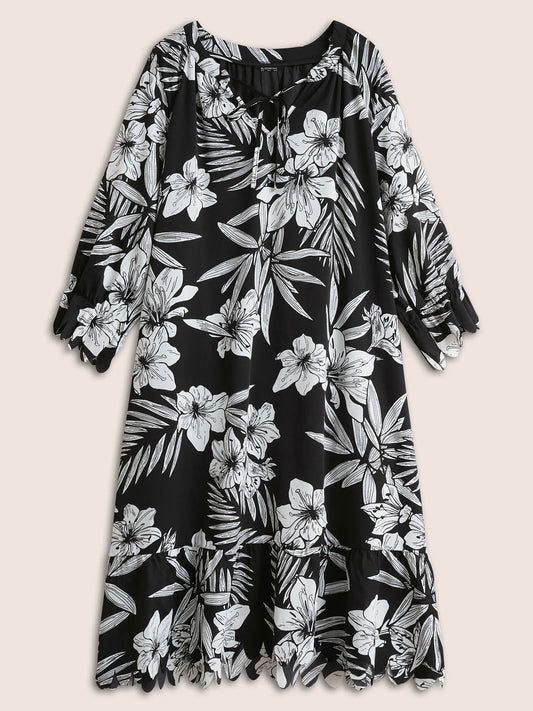 Floral Print Tie Neck Scalloped Trim Dress