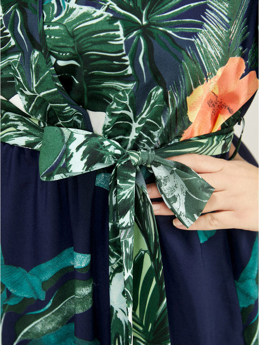 Tropical Print Pocket Belted Ruffle Wrap Dress