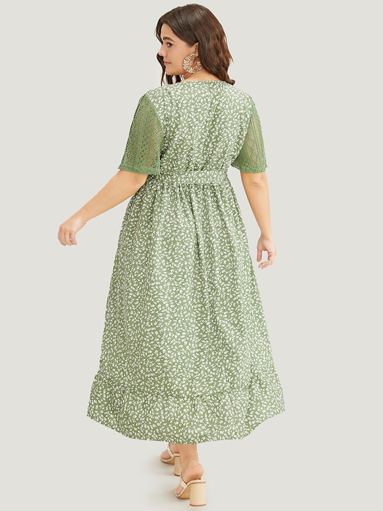 Ditsy Floral Ruffle Sleeve Pocket Belted Wrap Lace Dress