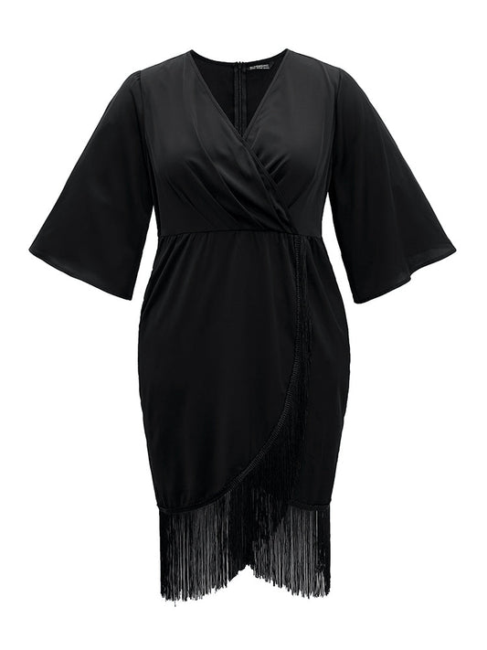 Plain Wrap Tassel Trim Pleated Dress