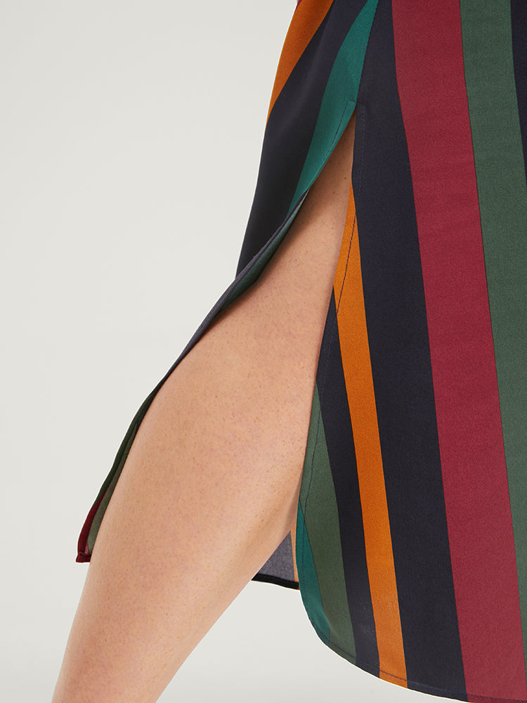 Striped Contrast Dolman Sleeve Tassels Shirred Split Hem Dress