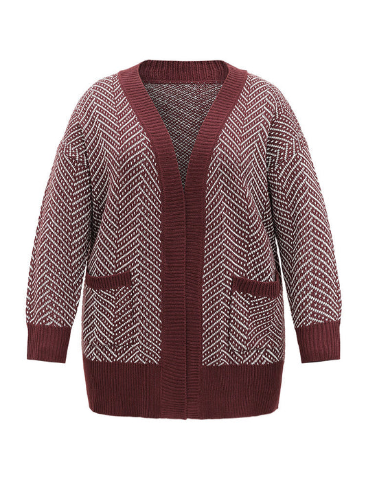 Jacquard Open Front Pocket Loose Cardigan
