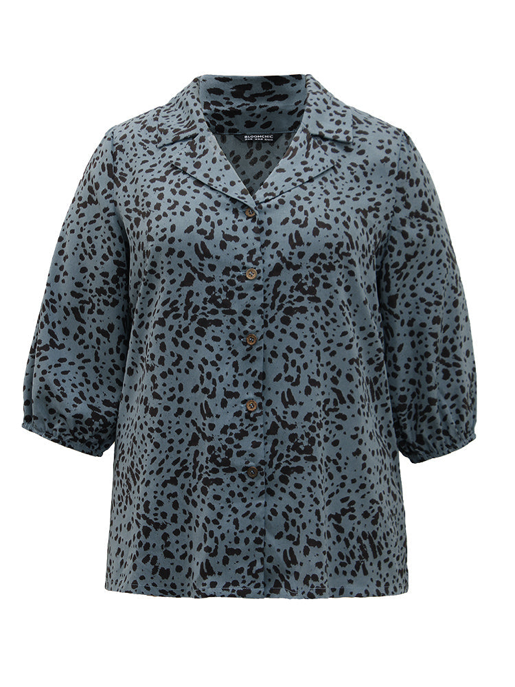 Leopard Suit Collar Elastic Cuffs Button Through Blouse