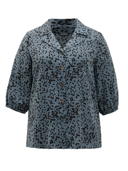 Leopard Suit Collar Elastic Cuffs Button Through Blouse
