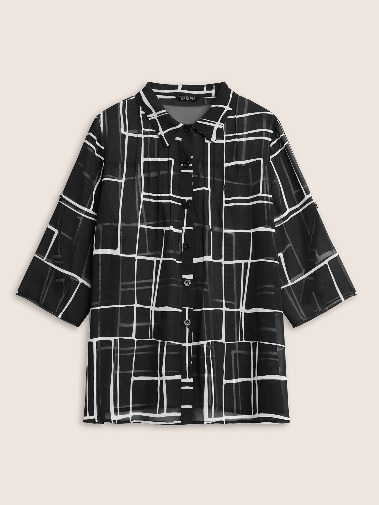 Geometric Mesh Pleated Tab Sleeve Blouse