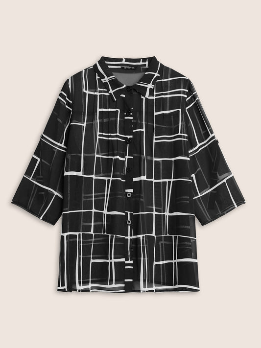 Geometric Mesh Pleated Tab Sleeve Blouse