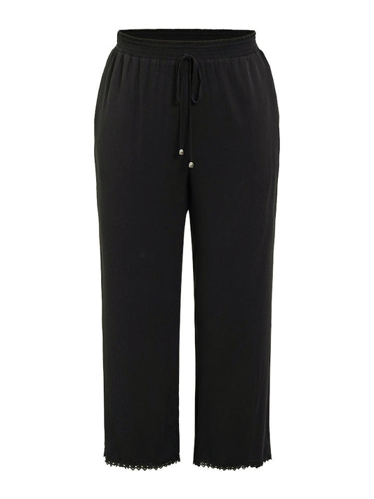 Plain Knot Shirred Waist Pocket Lace Hem Pants