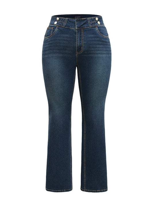 Dark Wash Full Length Button Detail Jeans