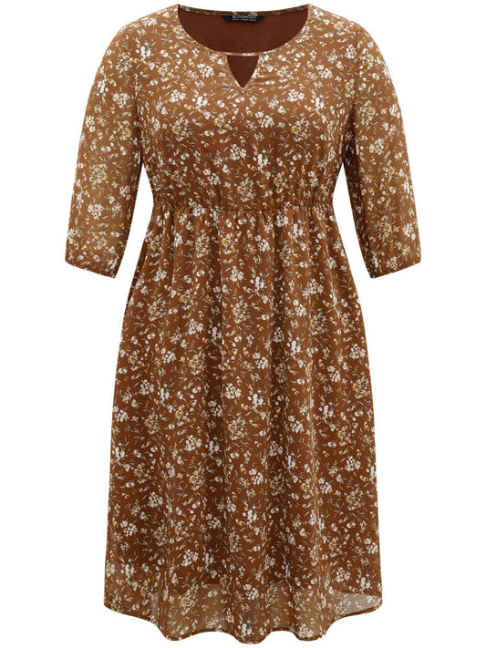 Ditsy Floral Cut Out Elastic Cuffs Dress