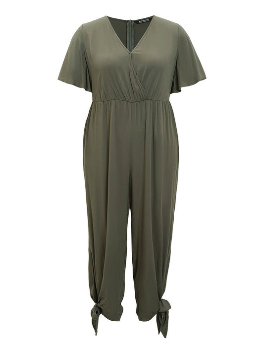 Plain Pocket Wrap Cut Out Knotted Hem Jumpsuit